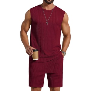 image:imageCOOFANDY Mens 2 Piece Outfits Beach Knit Jacquard Sleeveless Shirt and Shorts Sets Summer Athletic Vacation SetWine Red