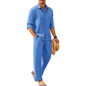 image:imageCOOFANDY Mens 2 Piece Outfits Long Sleeve Button Down Cuban Shirt and Pants Set Summer Beach SetsBlue
