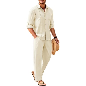 image:imageCOOFANDY Mens 2 Piece Outfits Long Sleeve Button Down Cuban Shirt and Pants Set Summer Beach SetsLight Khaki