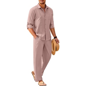 image:imageCOOFANDY Mens 2 Piece Outfits Long Sleeve Button Down Cuban Shirt and Pants Set Summer Beach SetsPink