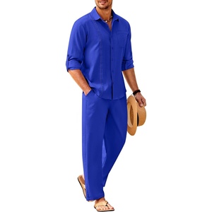 image:imageCOOFANDY Mens 2 Piece Outfits Long Sleeve Button Down Cuban Shirt and Pants Set Summer Beach SetsRoyal Blue