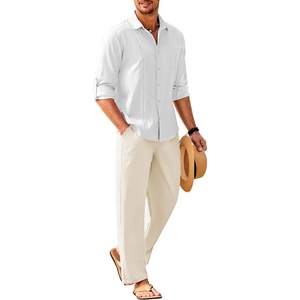image:imageCOOFANDY Mens 2 Piece Outfits Long Sleeve Button Down Cuban Shirt and Pants Set Summer Beach SetsWhite ShirtBeige Pants