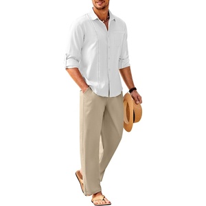 image:imageCOOFANDY Mens 2 Piece Outfits Long Sleeve Button Down Cuban Shirt and Pants Set Summer Beach SetsWhite ShirtKhaki Pants