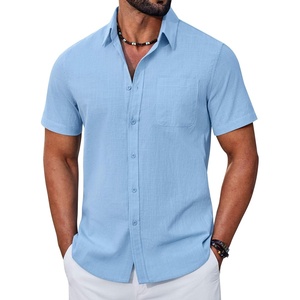 image:imageCOOFANDY Mens Button Down Shirt Short Sleeve Casual Stylish Cotton Shirts Linen Textured Summer Beach Wedding ShirtBlue