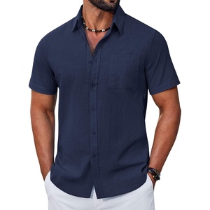 image:imageCOOFANDY Mens Button Down Shirt Short Sleeve Casual Stylish Cotton Shirts Linen Textured Summer Beach Wedding ShirtMidnight Blue