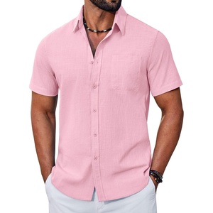 image:imageCOOFANDY Mens Button Down Shirt Short Sleeve Casual Stylish Cotton Shirts Linen Textured Summer Beach Wedding ShirtPink