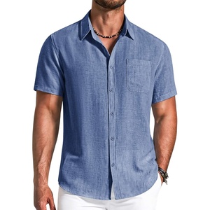 image:imageCOOFANDY Mens Button Down Shirts Short Sleeve Casual Shirt Summer Beach Textured ShirtsDenim Blue