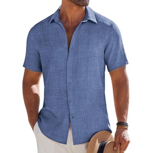 image:imageCOOFANDY Mens Button Down Short Sleeve Shirt Casual Beach Shirt Summer Vacation Textured ShirtsDenim Blue