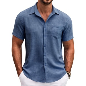image:imageCOOFANDY Mens Button Down Short Sleeve Shirt Casual Shirts Summer Beach Textured Shirts with PocketDenim Blue