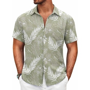image:imageCOOFANDY Mens Button Down Short Sleeve Shirt Casual Shirts Summer Beach Textured Shirts with PocketGreenwhite Leaves