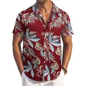 image:imageCOOFANDY Mens Casual Button Down Shirts Short Sleeve Textured Summer Beach ShirtsRed  Tropical Leaf