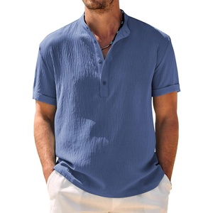 image:imageCOOFANDY Mens Casual Henley Shirt Band Collar Short Sleeve Shirt Summer Beach Hippie TShirtDark Blue