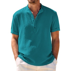 image:imageCOOFANDY Mens Casual Henley Shirt Band Collar Short Sleeve Shirt Summer Beach Hippie TShirtDark Peacock Blue