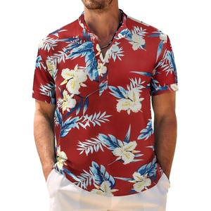image:imageCOOFANDY Mens Casual Henley Shirt Band Collar Short Sleeve Shirt Summer Beach Hippie TShirtFlower Leaves  Red Blue Apricot