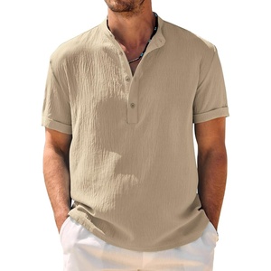 image:imageCOOFANDY Mens Casual Henley Shirt Band Collar Short Sleeve Shirt Summer Beach Hippie TShirtKhaki