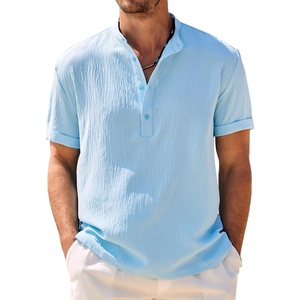 image:imageCOOFANDY Mens Casual Henley Shirt Band Collar Short Sleeve Shirt Summer Beach Hippie TShirtLight Blue
