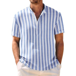 image:imageCOOFANDY Mens Casual Henley Shirt Band Collar Short Sleeve Shirt Summer Beach Hippie TShirtStripewhite  Light Blue