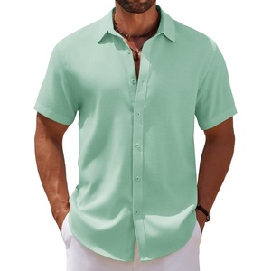 image:imageCOOFANDY Mens Casual Summer Beach Shirt Short Sleeve Button Down Shirt Vacation Wedding Shirt Linen Textured ShirtsIce Green