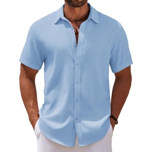 image:imageCOOFANDY Mens Casual Summer Beach Shirt Short Sleeve Button Down Shirt Vacation Wedding Shirt Linen Textured ShirtsLight Blue