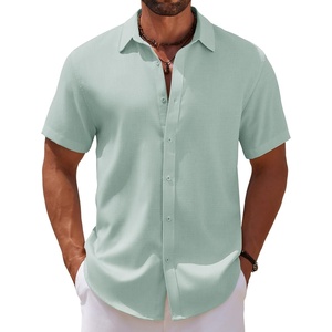 image:imageCOOFANDY Mens Casual Summer Beach Shirt Short Sleeve Button Down Shirt Vacation Wedding Shirt Linen Textured ShirtsLight Green