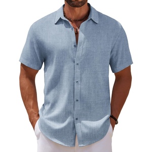 image:imageCOOFANDY Mens Casual Summer Beach Shirt Short Sleeve Button Down Shirt Vacation Wedding Shirt Linen Textured ShirtsNavy