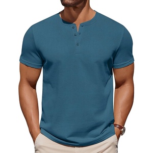 image:imageCOOFANDY Mens Cotton Henley TShirts Short Sleeve Button Casual Basic Tees Work Shirts with Split SideGrey Blue