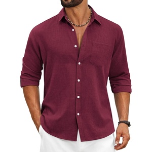 image:imageCOOFANDY Mens Cotton Linen Button Down Shirts Long Sleeve Casual Summer Beach Shirts for MenWine Red