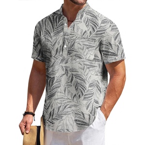image:imageCOOFANDY Mens Cotton Linen Henley Shirt Short Sleeve Hippie Casual Beach TShirts with PocketApricot Black  Plant Leaves