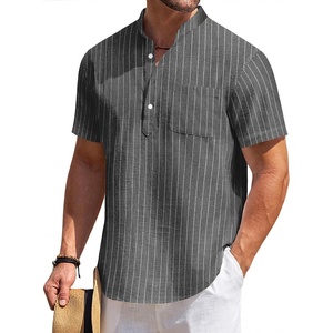 image:imageCOOFANDY Mens Cotton Linen Henley Shirt Short Sleeve Hippie Casual Beach TShirts with PocketBlack Striped
