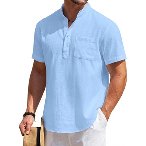 image:imageCOOFANDY Mens Cotton Linen Henley Shirt Short Sleeve Hippie Casual Beach TShirts with PocketBlue