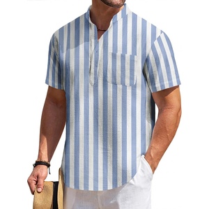 image:imageCOOFANDY Mens Cotton Linen Henley Shirt Short Sleeve Hippie Casual Beach TShirts with PocketBluewhite Vertical Stripes
