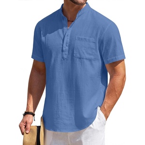 image:imageCOOFANDY Mens Cotton Linen Henley Shirt Short Sleeve Hippie Casual Beach TShirts with PocketDenim Blue