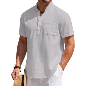 image:imageCOOFANDY Mens Cotton Linen Henley Shirt Short Sleeve Hippie Casual Beach TShirts with PocketGrey