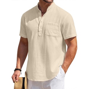 image:imageCOOFANDY Mens Cotton Linen Henley Shirt Short Sleeve Hippie Casual Beach TShirts with PocketLight Khaki