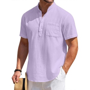 image:imageCOOFANDY Mens Cotton Linen Henley Shirt Short Sleeve Hippie Casual Beach TShirts with PocketLight Purple