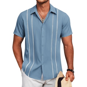 image:imageCOOFANDY Mens Cuban Guayabera Shirt Short Sleeve Button Down Shirts Summer Beach Vacation ShirtsDenim Blue  White Webbing