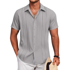 image:imageCOOFANDY Mens Cuban Guayabera Shirt Short Sleeve Button Down Shirts Summer Beach Vacation ShirtsLight Gray
