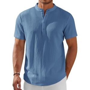image:imageCOOFANDY Mens Henley Shirt Short Sleeve Stand Collar Summer Casual Beach Hippie TShirtsGrey Blue