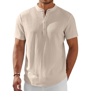 image:imageCOOFANDY Mens Henley Shirt Short Sleeve Stand Collar Summer Casual Beach Hippie TShirtsLight Khaki