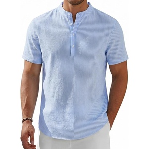 image:imageCOOFANDY Mens Henley Shirt Short Sleeve Stand Collar Summer Casual Beach Hippie TShirtsStriped Blue  White