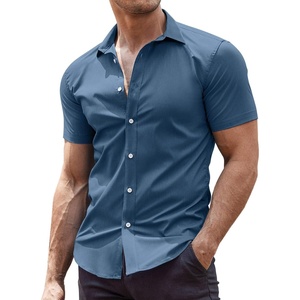 image:imageCOOFANDY Mens Muscle Fit Dress Shirts WrinkleFree Short Sleeve Casual Button Down ShirtGrey Blue