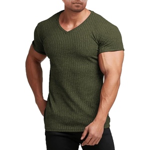image:imageCOOFANDY Mens Muscle T Shirts Stretch Short Sleeve V Neck Bodybuilding Workout Tee Shirts Ribbed Knit ShirtArmy Green