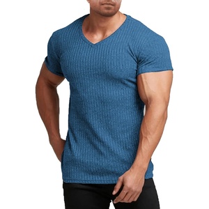 image:imageCOOFANDY Mens Muscle T Shirts Stretch Short Sleeve V Neck Bodybuilding Workout Tee Shirts Ribbed Knit ShirtBlue