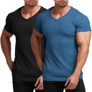 image:imageCOOFANDY Mens Muscle T Shirts Stretch Short Sleeve V Neck Bodybuilding Workout Tee Shirts Ribbed Knit ShirtBlueBlack2 Pack