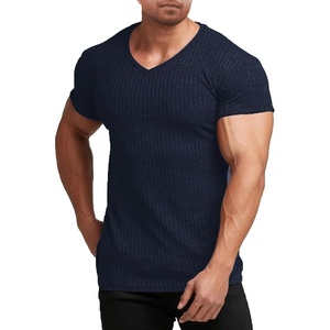 image:imageCOOFANDY Mens Muscle T Shirts Stretch Short Sleeve V Neck Bodybuilding Workout Tee Shirts Ribbed Knit ShirtNavy Blue