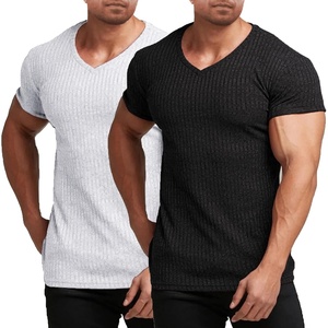 image:imageCOOFANDY Mens Muscle T Shirts Stretch Short Sleeve V Neck Bodybuilding Workout Tee Shirts Ribbed Knit ShirtWhiteBlack2 Pack