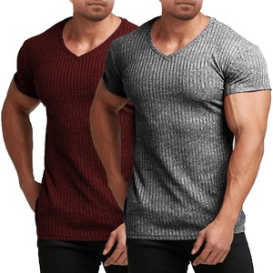 image:imageCOOFANDY Mens Muscle T Shirts Stretch Short Sleeve V Neck Bodybuilding Workout Tee Shirts Ribbed Knit ShirtWine RedDark Grey2 Pack