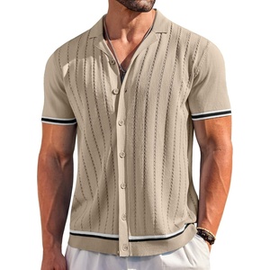 image:imageCOOFANDY Mens Short Sleeve Knit Shirt Casual Button Down Shirt Vintage Striped Knitted Golf Beach TopsApricot