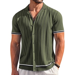 image:imageCOOFANDY Mens Short Sleeve Knit Shirt Casual Button Down Shirt Vintage Striped Knitted Golf Beach TopsArmy Green