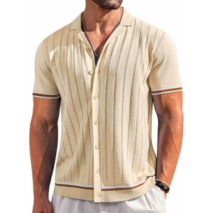 image:imageCOOFANDY Mens Short Sleeve Knit Shirt Casual Button Down Shirt Vintage Striped Knitted Golf Beach TopsBeige